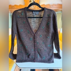 Carole Little Brown V-Neck Cardigan with Green Embroidery